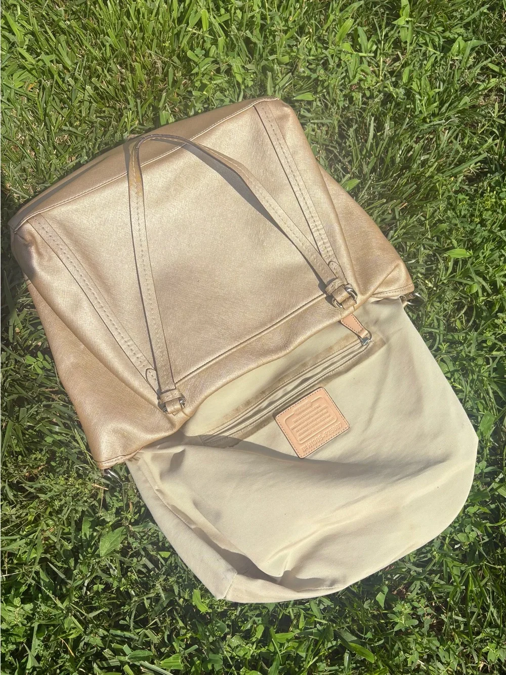 Coach Metallic Champagne Leather Shoulder Tote with Cherry Charm
